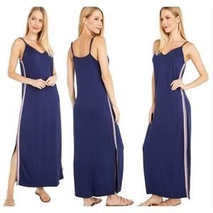 Splendid Dress Women Medium Blue Stripe Maxi Side Slit Sleeveless V-Neck R44D602